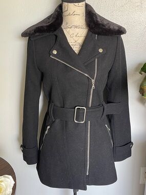 Express Black Faux Fur Collar Coat Double Breasted Tailored Winter Coat Size XSP